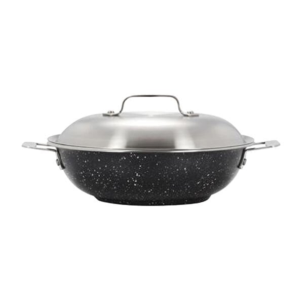 A black and silver Bon Chef Galaxy stainless steel brazier pot with a lid.