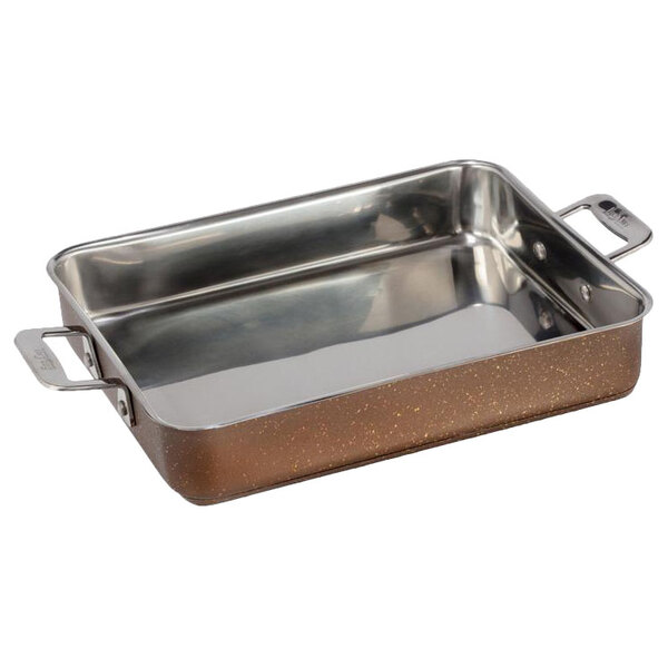 A Bon Chef stainless steel roasting pan with handles.