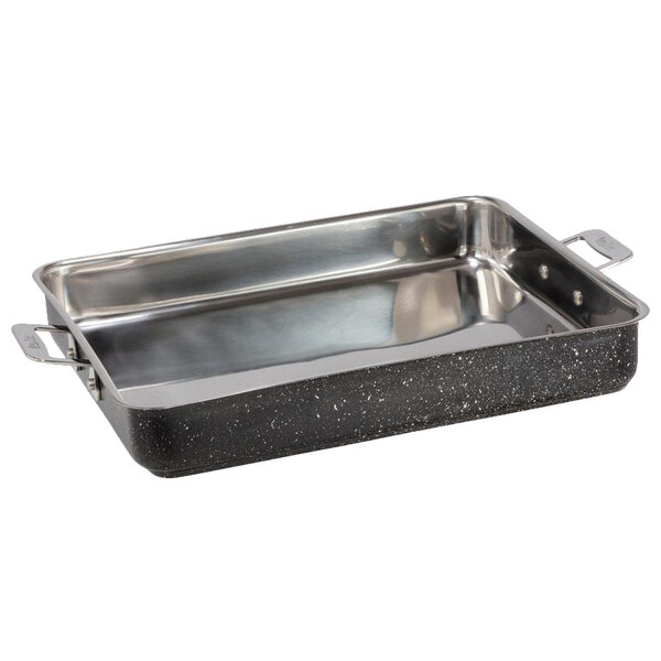 A silver stainless steel Bon Chef Cucina roasting pan with handles.