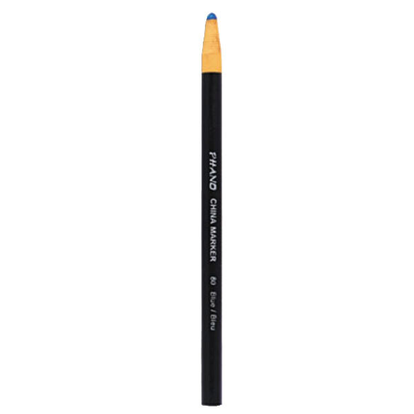 A black and yellow Dixon Ticonderoga China Marker with a blue tip.