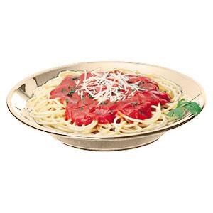 A bowl of spaghetti with sauce and cheese in a Cambro beige polycarbonate bowl.