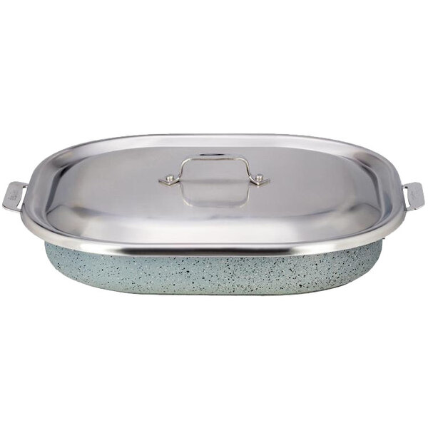 A Bon Chef stainless steel roasting pan with a lid.