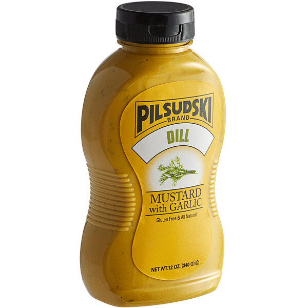 A Pilsudski plastic squeeze bottle of Dill Garlic Mustard with a white label and a black cap.