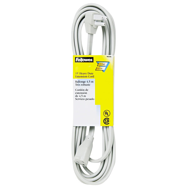 A gray Fellowes indoor extension cord with a yellow label.