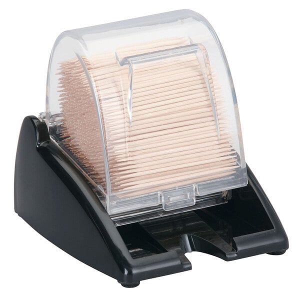 A black and clear plastic Vollrath toothpick dispenser container full of toothpicks.
