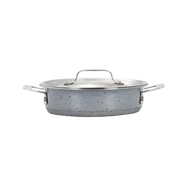 A Bon Chef stainless steel casserole with a lid and a handle.