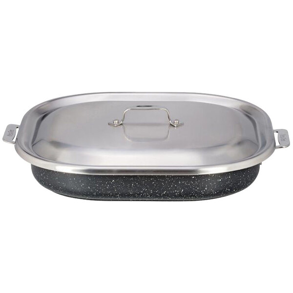 A Bon Chef stainless steel rectangular roasting pan with a metal lid.