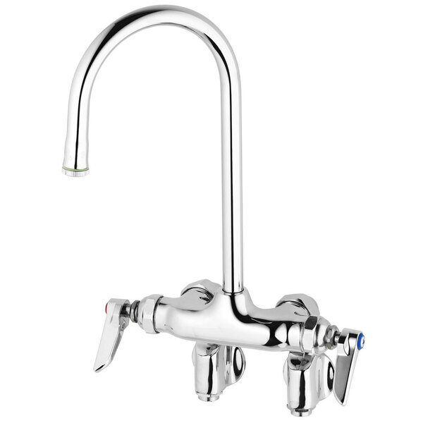 A T&S chrome wall mounted faucet with two handles and a swivel gooseneck.