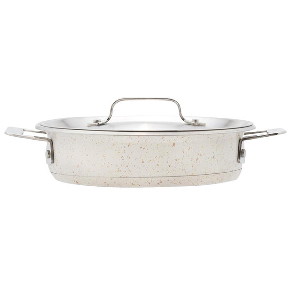 A Bon Chef stainless steel casserole with a lid on a white background.