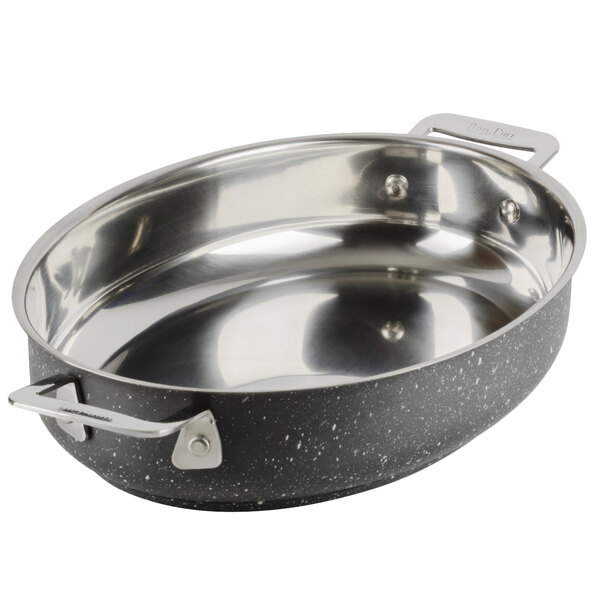 A Bon Chef stainless steel oval au gratin dish with a galaxy design on the inside.