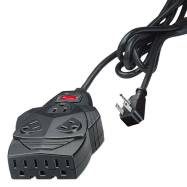 A black Fellowes power strip with a cord and red button.