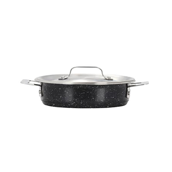 A black and silver Bon Chef Galaxy stainless steel casserole with a lid.