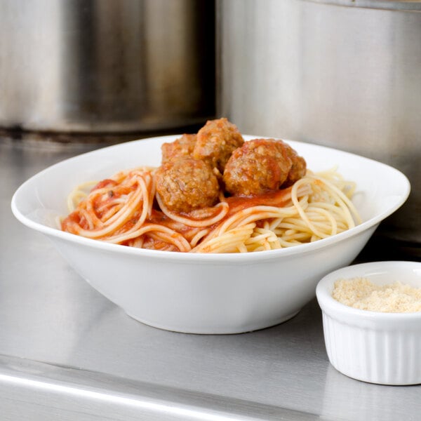 A bowl of Napoli spaghetti and meatballs.