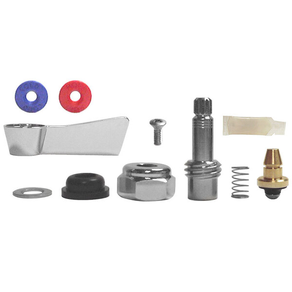 A Fisher brass faucet check stem repair kit with various cylindrical and metal parts.