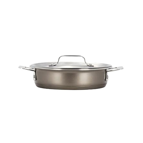 A Bon Chef taupe stainless steel induction casserole with lid.