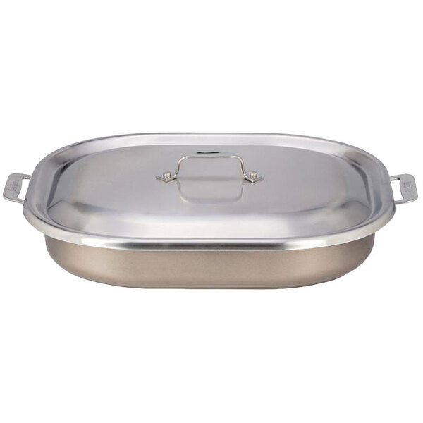 A Bon Chef stainless steel roasting pan with a lid.