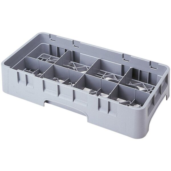 A gray plastic Cambro cup rack with eight compartments.