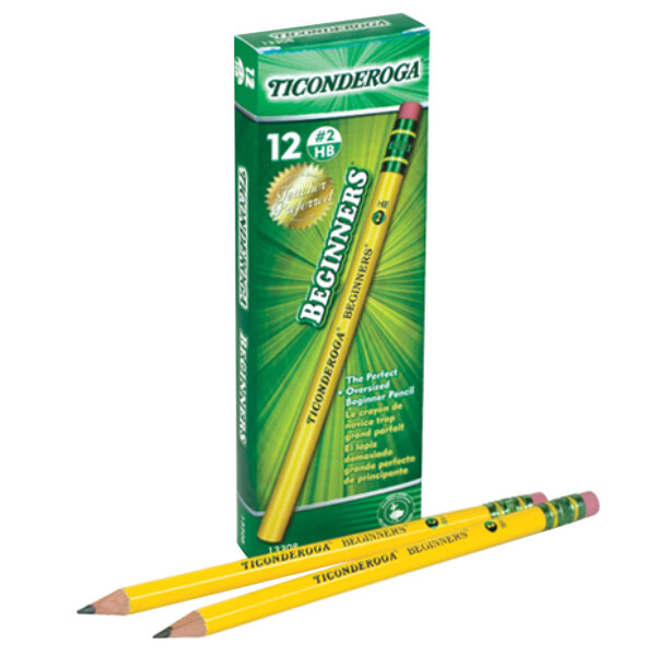 A green and yellow box of Dixon Ticonderoga pencils with a couple of pencils inside.