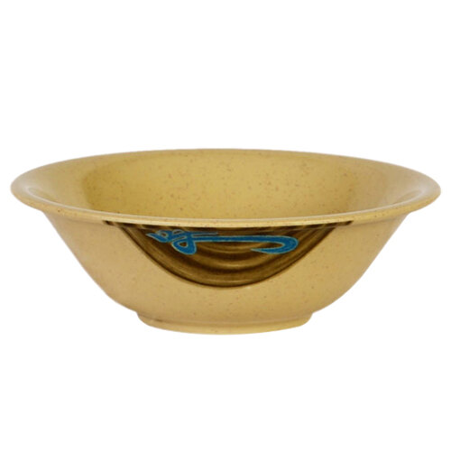A yellow Thunder Group Wei melamine bowl with a blue and green design.