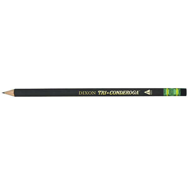 A Dixon Ticonderoga black pencil with green writing on it.