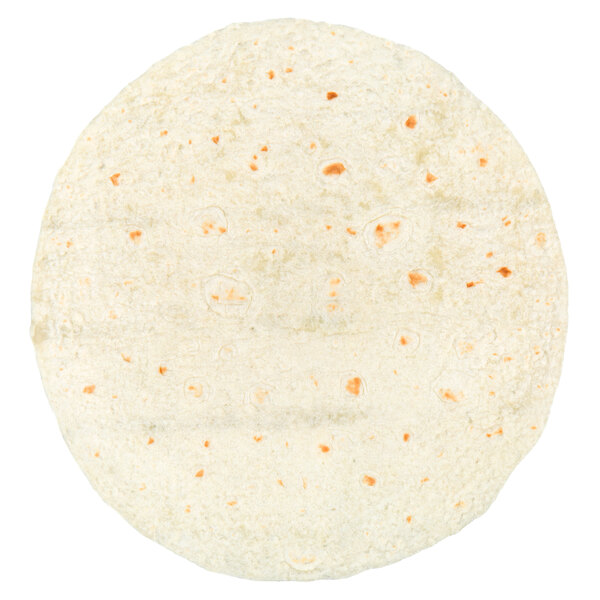 A white Mission flour tortilla with orange spots.