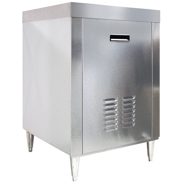 A silver rectangular stainless steel stand with a door on it.