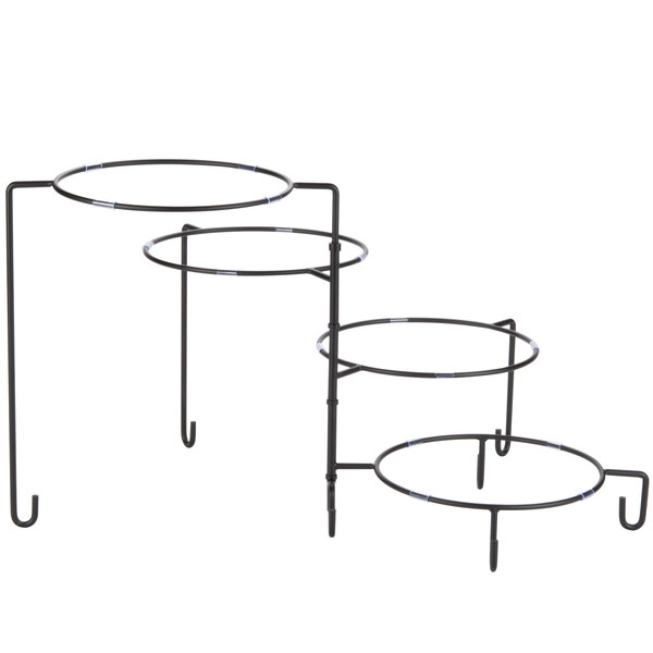 A black metal Tablecraft display stand with three round objects.