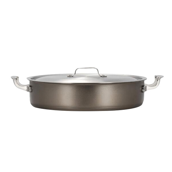 A Bon Chef taupe stainless steel brazier pot with a lid.
