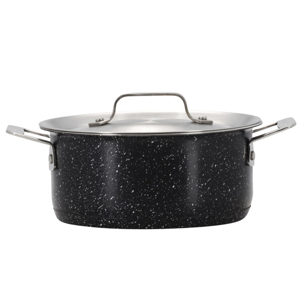 A black and silver Bon Chef Cucina induction pot with a lid.