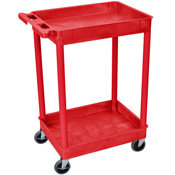 A red Luxor plastic utility cart with wheels.