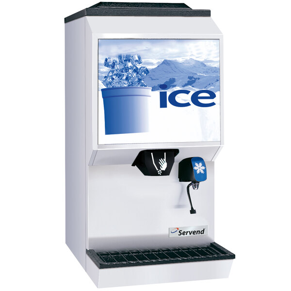 A white Servend countertop ice and water dispenser with ice in it.