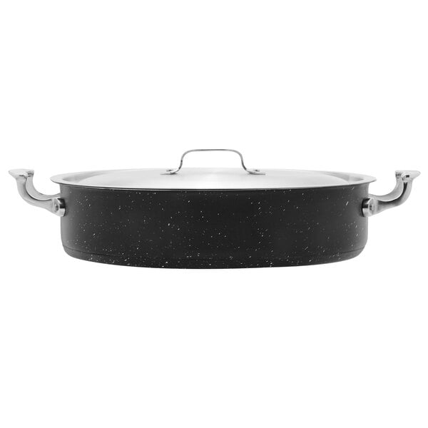 A silver stainless steel Bon Chef Galaxy brazier pot with a lid.