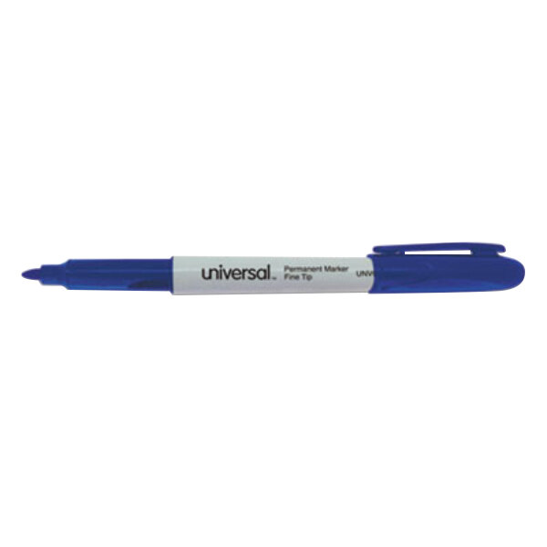 A close-up of a Universal blue bullet pen-style permanent marker.