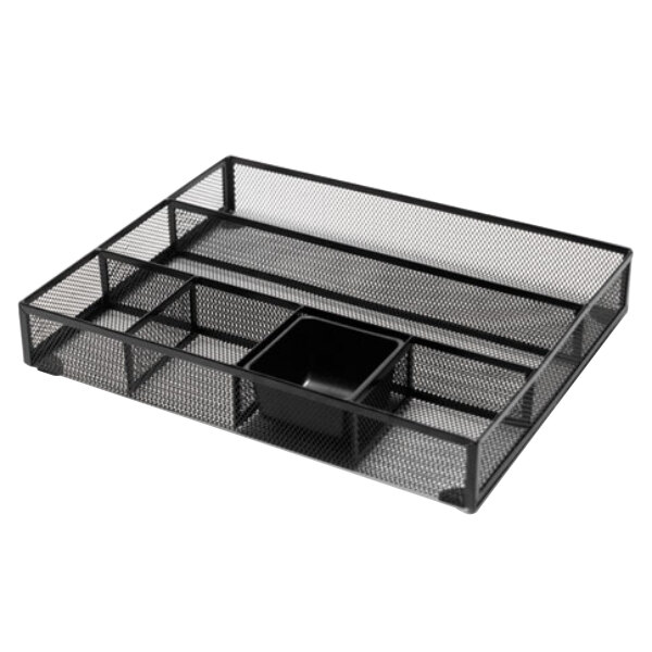 A black metal mesh drawer organizer with a small square container inside.