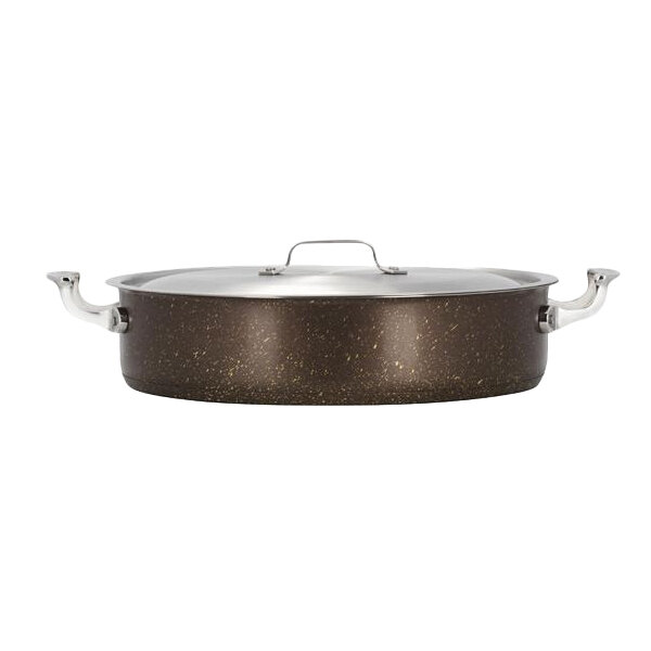 A Bon Chef stainless steel brazier pot with lid.