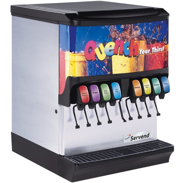 A white Servend countertop soda fountain machine with 8 colorful drink dispensers.