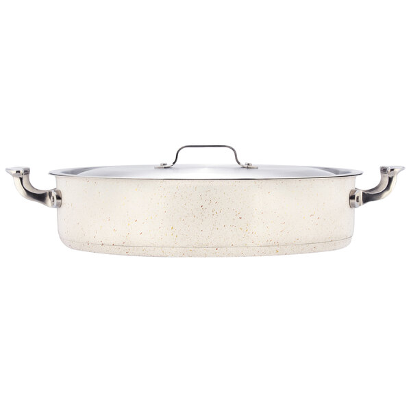 A white stainless steel Bon Chef Cucina brazier pot with a lid.