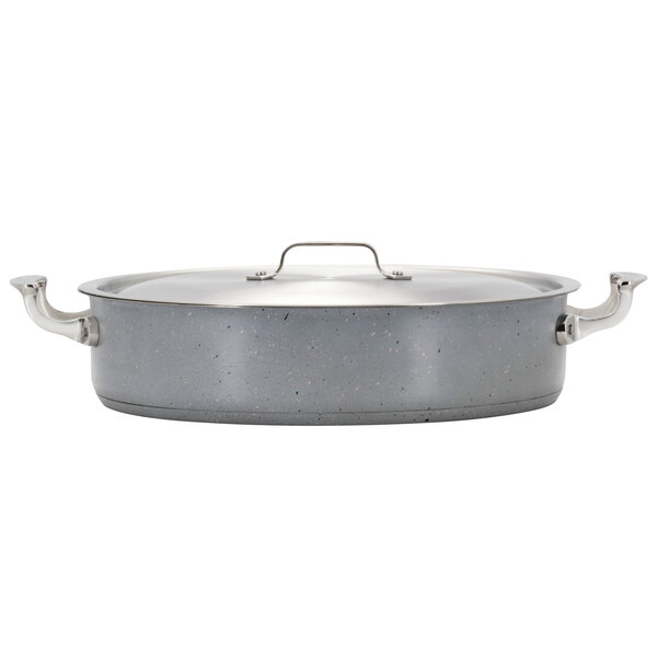 A grey metal Bon Chef Cucina brazier pot with a silver handle and lid.