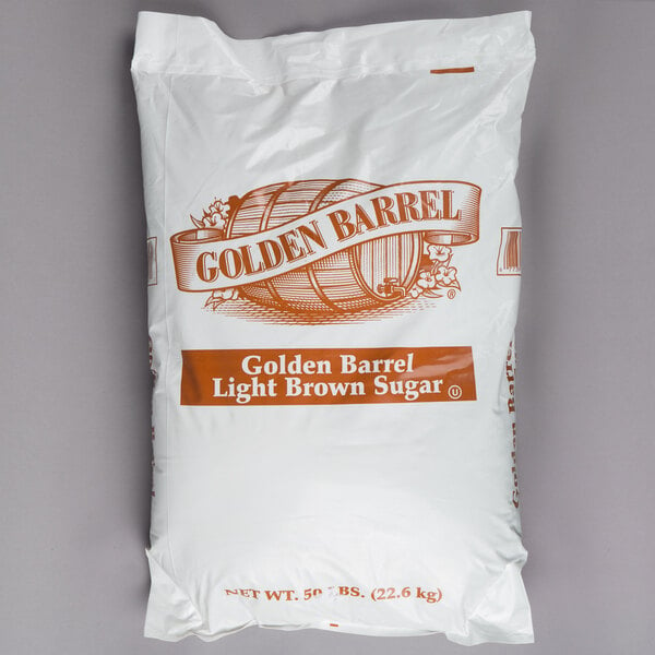 A white bag with brown text that says "Golden Barrel Light Brown Sugar"