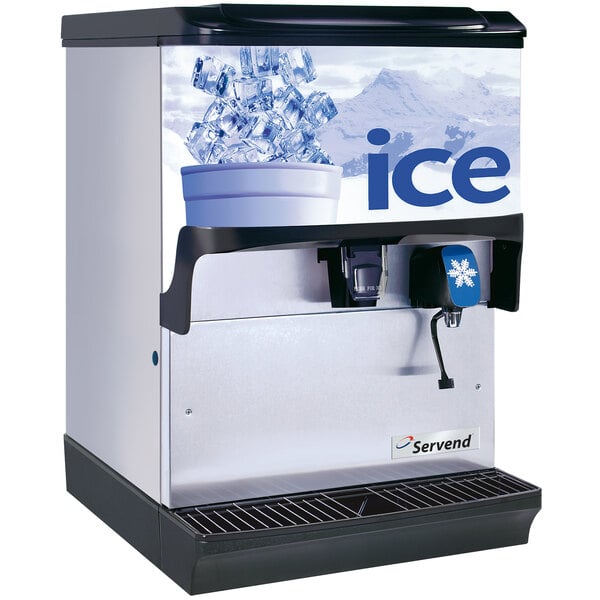 A Servend countertop ice and water dispenser with ice in the bowl.