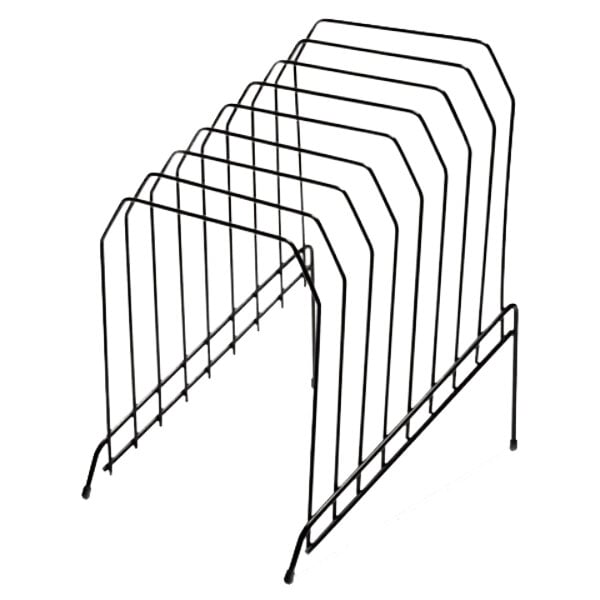 A black wire tiered file sorter with eight sections.