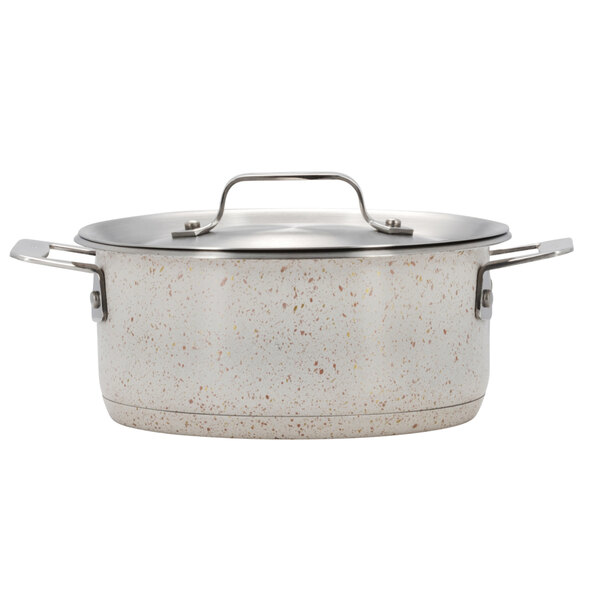 A Bon Chef stainless steel induction pot with a lid.