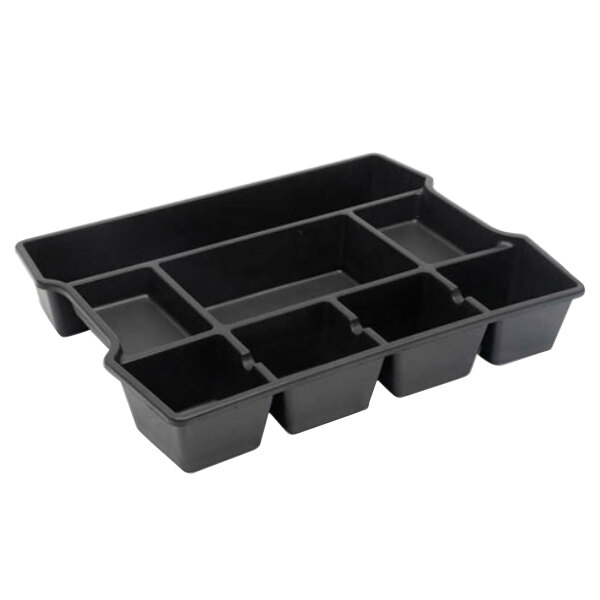 A black plastic drawer organizer with eight compartments.