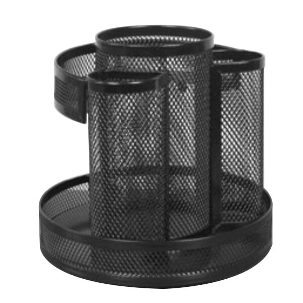 A close-up of a black metal mesh rotating desktop organizer with three compartments.