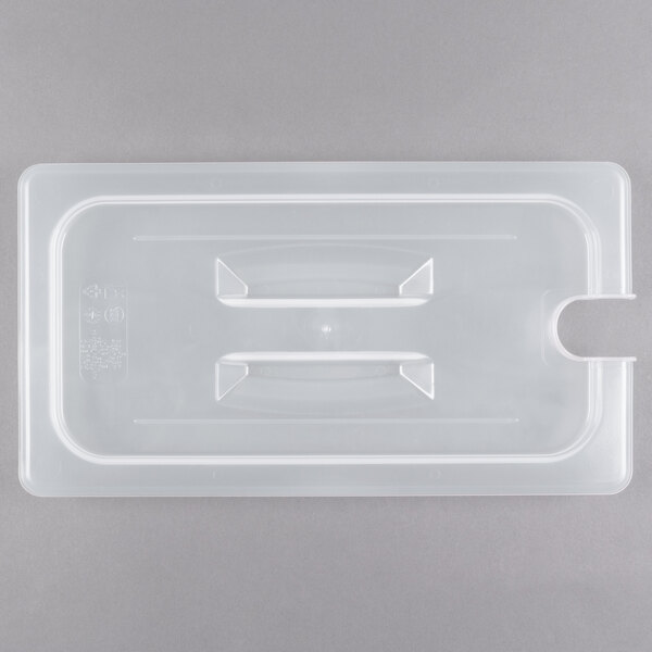 A clear plastic rectangular container with handles and a notch on the side.