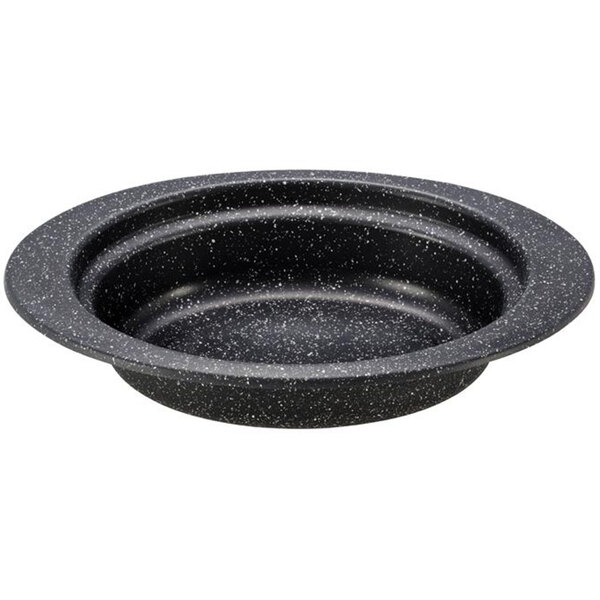 A black speckled food pan with white specks in a circle.