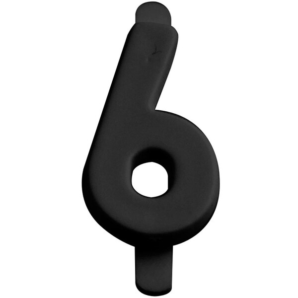 A black molded plastic number 6 deli tag insert with a hole in the middle.