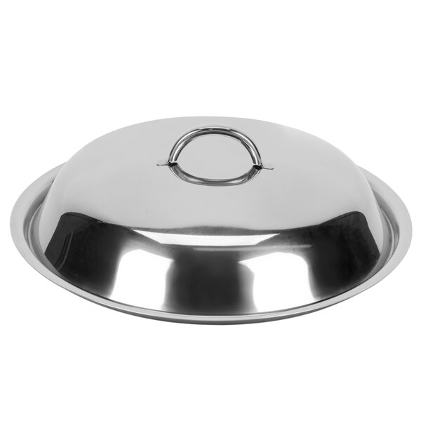 A silver Acopa wrought iron chafer lid with a chrome handle.