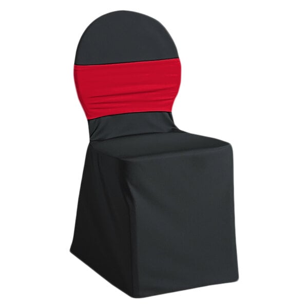 A black chair cover with a red band.