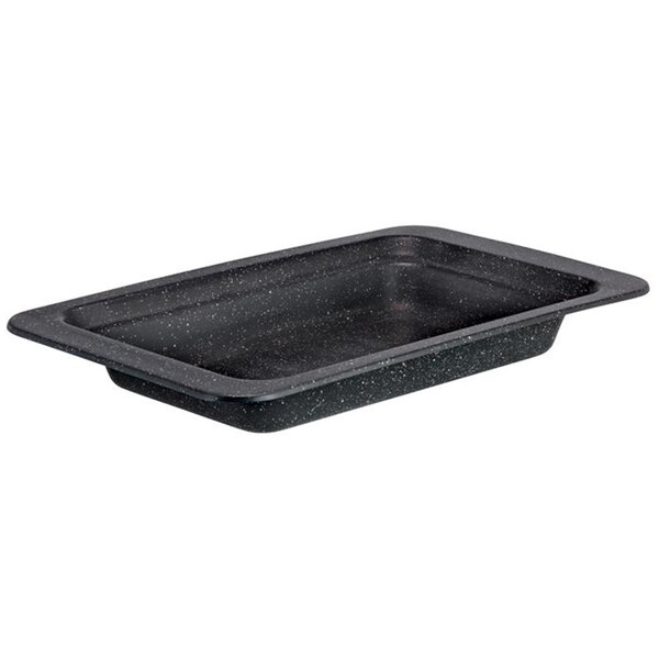 A black rectangular Bon Chef HotStone food pan with a speckled surface.